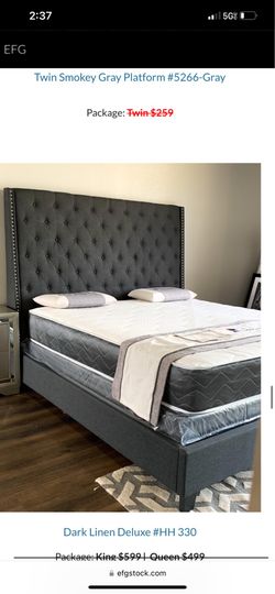 BRAND NEW QUEEN SIZE DARK GREY 6FOOT TALL BED FRAME WITH NEW MATTRESS/FAST DELIVERY