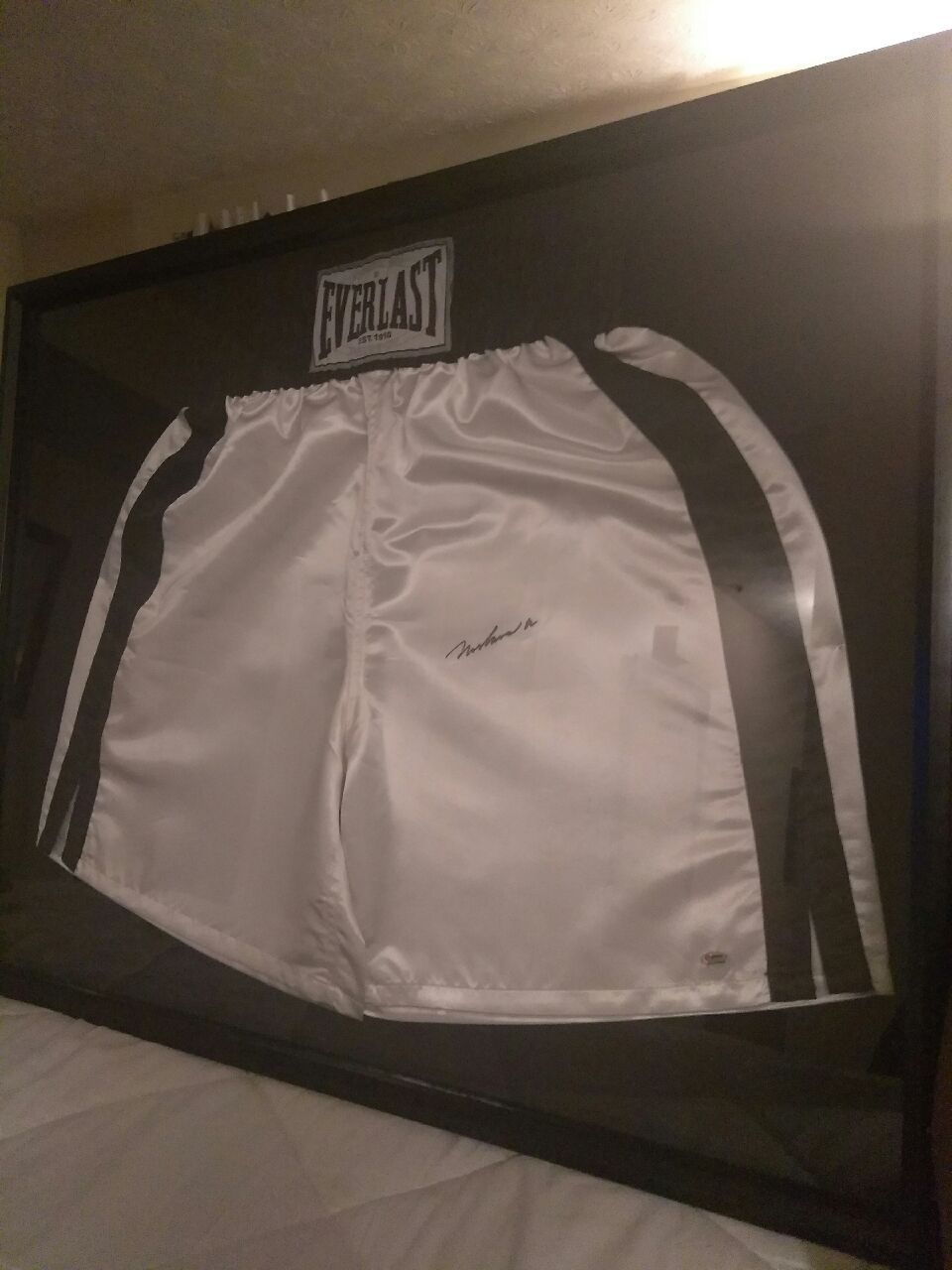 Authentic hand signed Muhammad Ali everlast boxing trunks in UV protected case has numberd certified hulagram