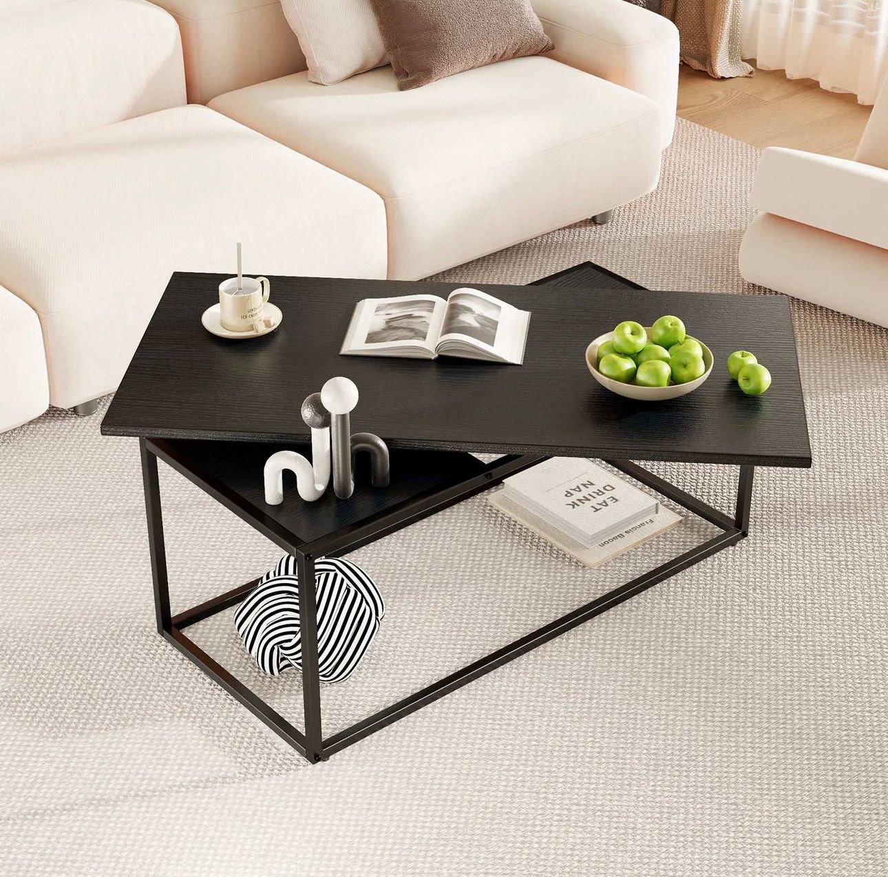 43.3" Modern 360°Rotating Wooden Black Coffee Table with Storage