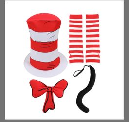 Wizland 5pcs Kids Cat In The Hat Costume Storybook Character Accessories With Gloves White Red Striped Hat, Bow Tie Tail