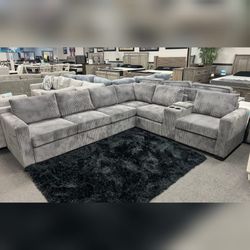 Light Gray corduroy USB Console with cup holders sectional couch for livingroom