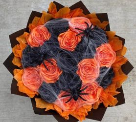 Halloween Orange Rose Bouquet with Spiders
