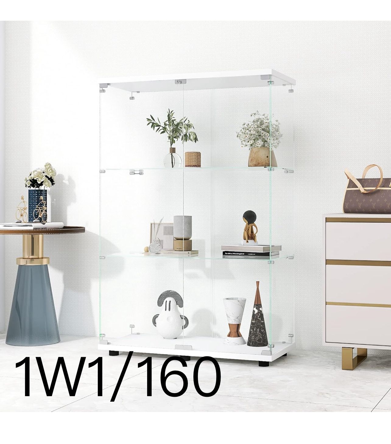 🔥49'' 3-Shelf Glass Display Cabinet With 2 Doors, Curio Case, 4mm Tempered Storage Cabinet, Showcase Floor Standing Bookshelf for Living Room Bedroom