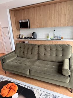 Green Velvet Tufted Sofa with Bolster Pillows