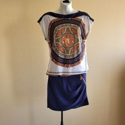 Monica Bellucci Blue Multicolor Mini Dress Attached Skirt Stylish Medallion Size 38  (M)