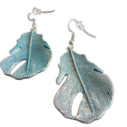 NEW Turquoise Metal Feather Earrings, 2"