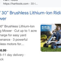 Harts 80V 30” Brushless Lithium Ion Battery Riding Lawnmower H80RMII Brand New Factory Sealed!