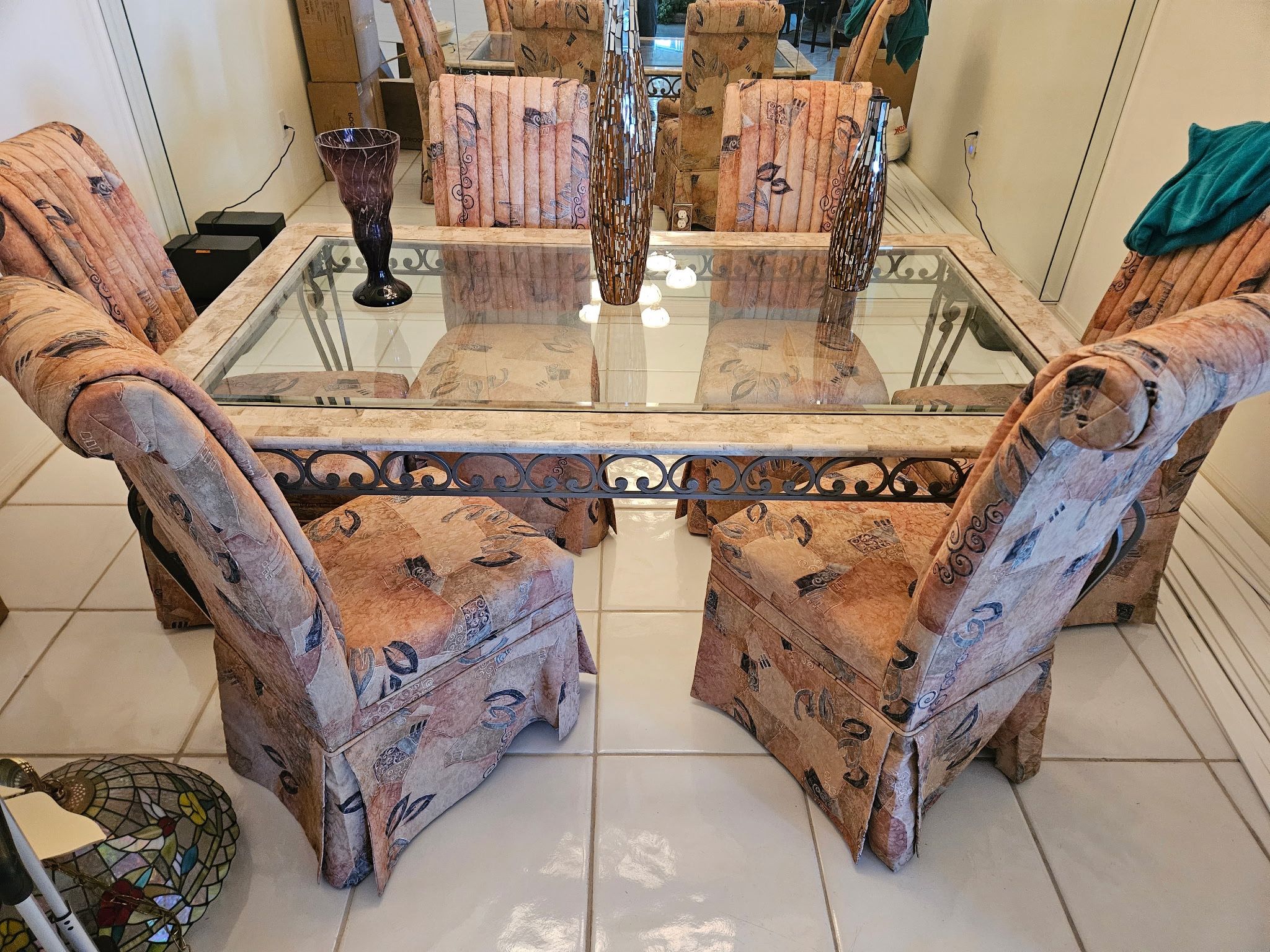 Elegant Glass Dining Table Set with 6 decorative Chairs