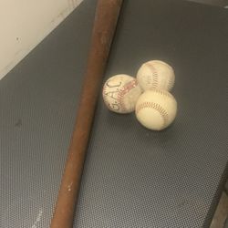 Wooden Baseball Bat & Baseballs 