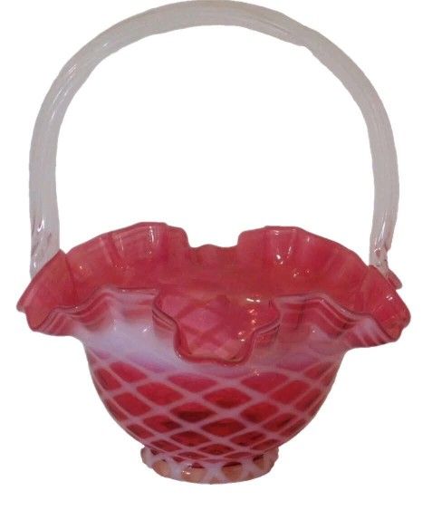 Fenton Cranberry Opalescent Glass Criss Cross Pattern Basket Vintage 5" x 7.25"  $35 Shipping available