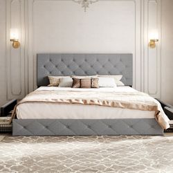 King Size Upholstered Platform Bed Frame with 4 Drawers Storage and Diamond Stitched Button Tufted Headboard, Light Grey