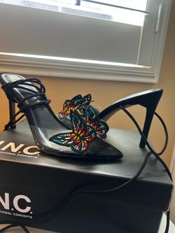 Black open toe wrap around heels with rainbow butterflies