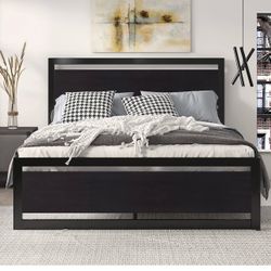 Queen Size Metal Bed Frame with Wood Grain Headboard and Footboard