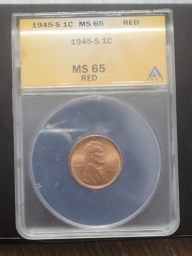 1945s Gem Red Wheat Cent Anacs Ms65