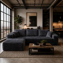 106" Black Velvet Corduroy High Density Foam Injected Chaise Lounge Sectional Sofa (Right Arm /  [NEW] *Compressed* <NO ASSEMBLY>