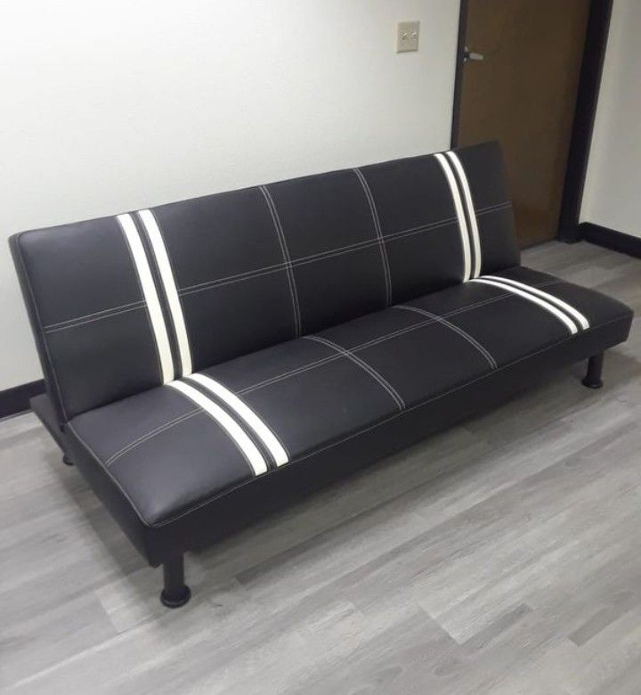 Brand New Black Leather Tufted Futon With White Stripes