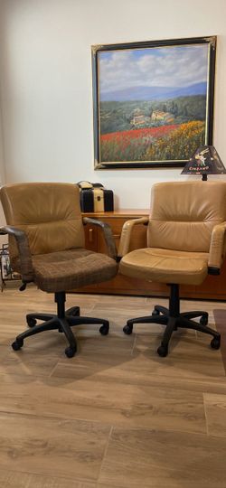 Pair of Tan Leather Office Chairs with Armrests