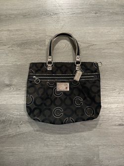 Vintage Coach Womens Black Signature Canvas Poppy Op Art Glam Tote Bag with Silver Metallic Accents
