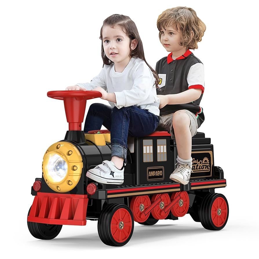 ANPABO 2-Seater Ride On Train Trackless, 12V Kids Car with Height-Adjustable Seat, Extra Storage, Headlight, Train Whistle & Music, Electric Car for K