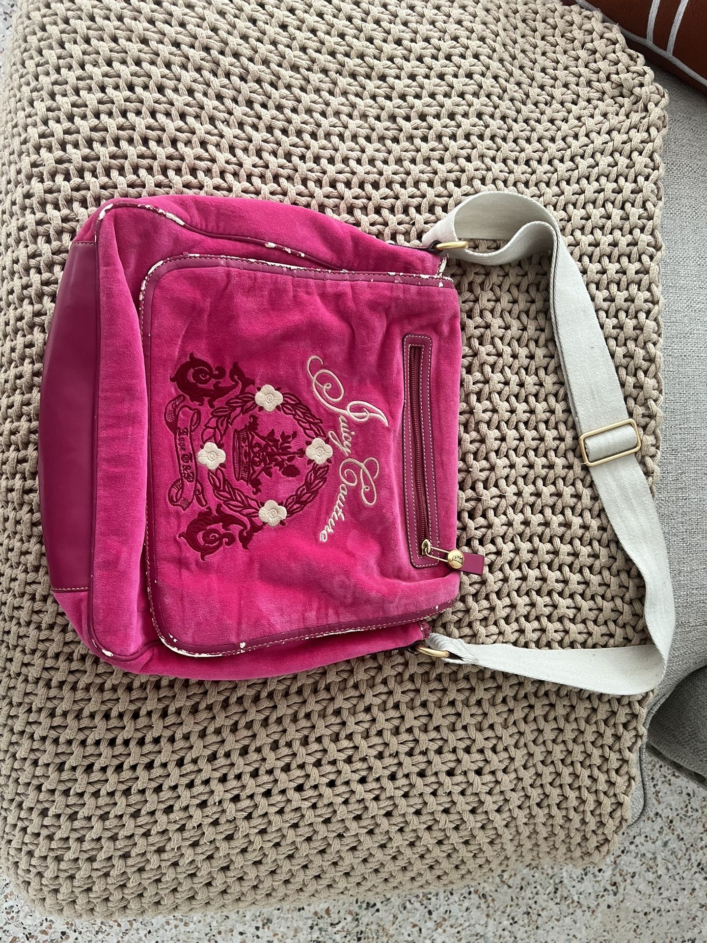 Vintage Juicy Couture terry cloth messenger bag in pink with their signature crown logo embroidery and monogrammed interior.