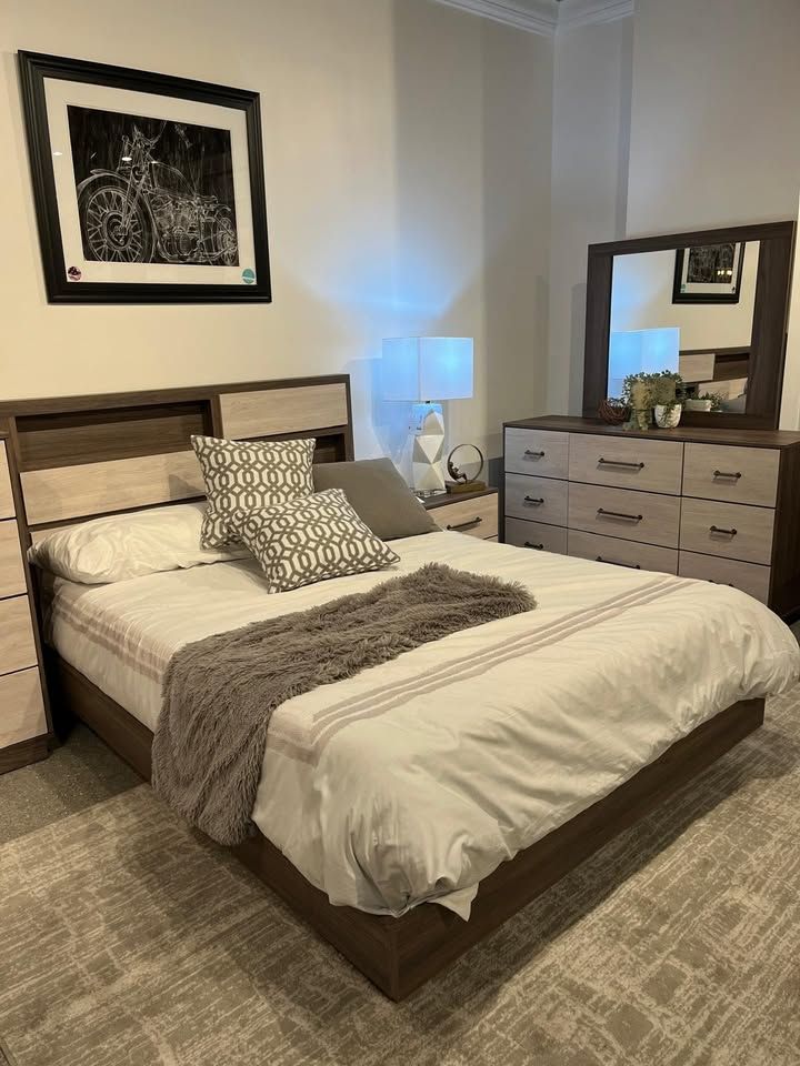 Brand New Alluring Queen bedroom set features bookcase headboard & hidden storage compartment
