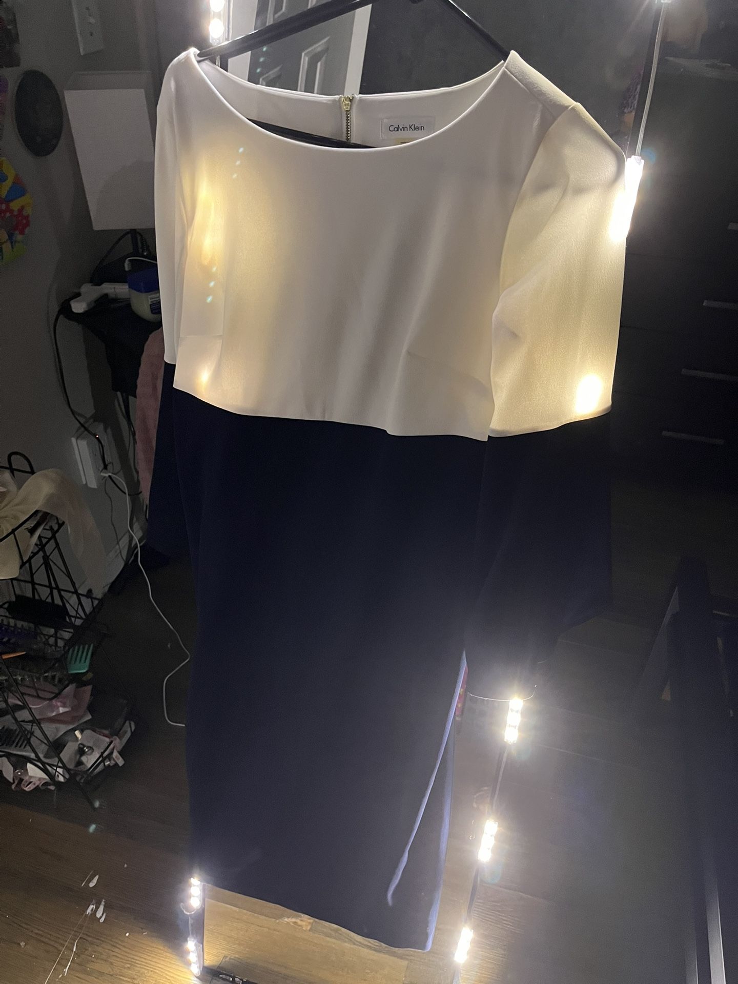 white and navy blue dress