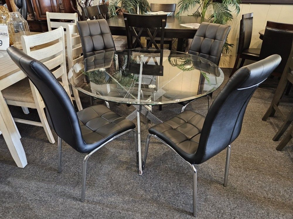 Brand New 45" x 30"H Round Glass Dining Table + 4 Black Faux Leather Chairs