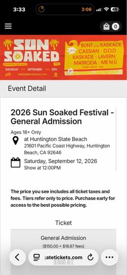 2 , 2026 Sun Soaked Festival VIP Admission Ticket