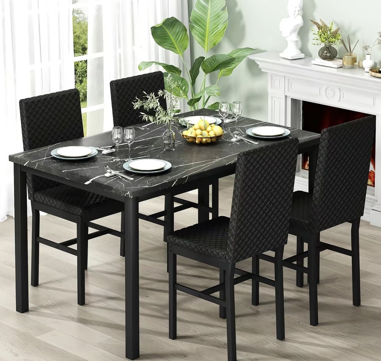 Dining Set Metal Frame Table Faux Marble With 4 Metal Frame Chairs Velvet Modern Upholstered 