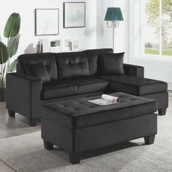 Naomi Reversible Black Velvet Sectional Sofa with Ottoman

