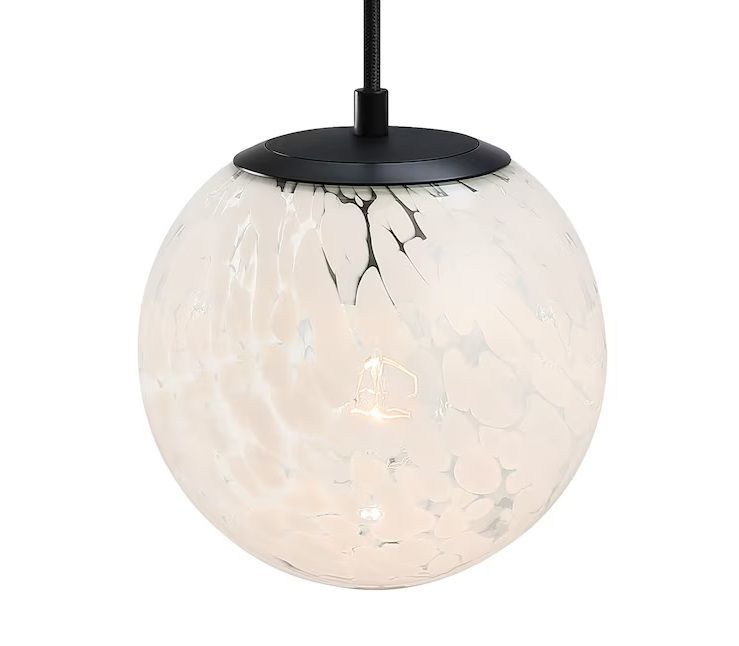 NEW! DESIGNERS FOUNTAIN 1-Light Pendant in Matte Black and 14″ White Art Glass