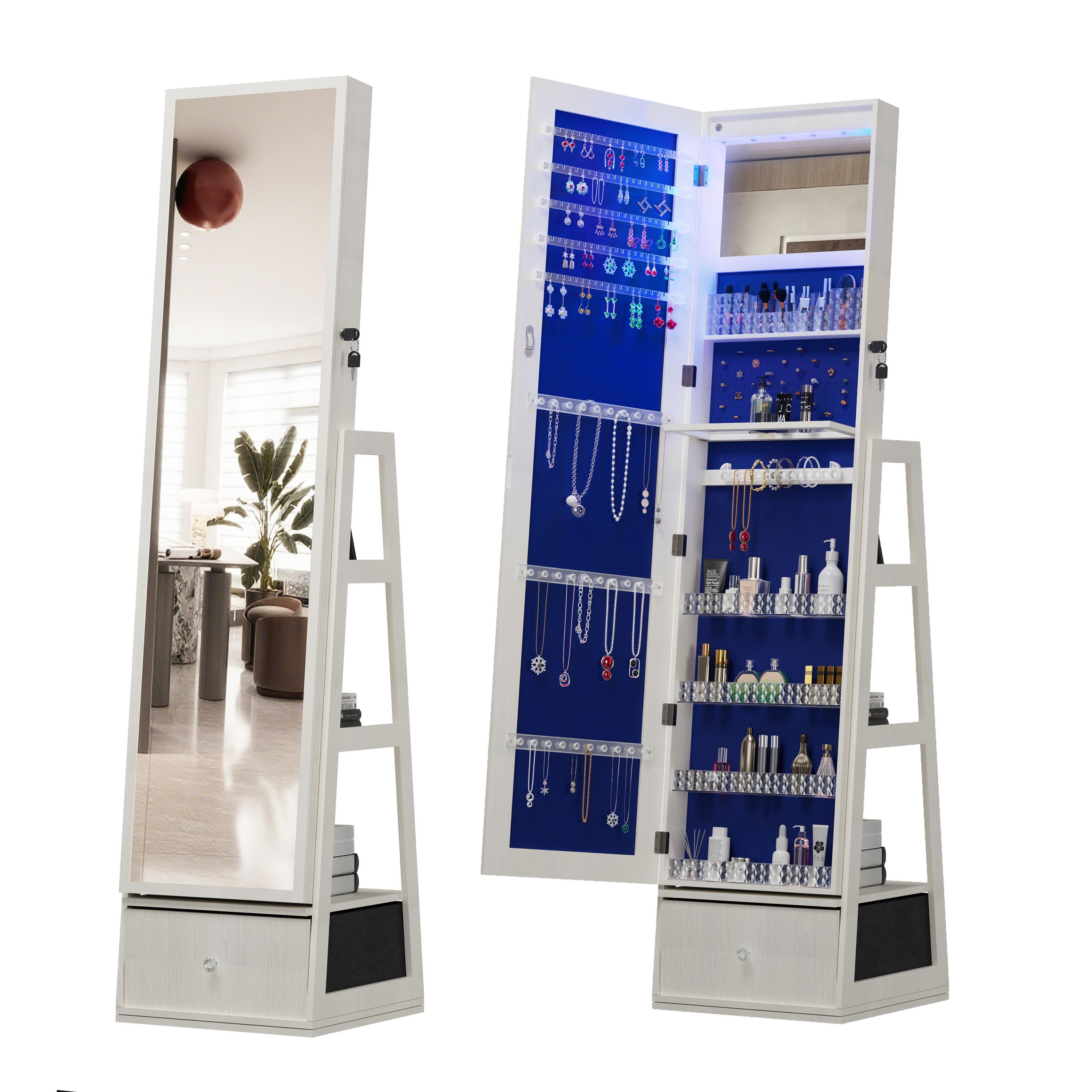 360°Swivel Jewelry Cabinet with Full Length Mirror, 360°Rotating Standing Jewelry Armoire Organizer, Lockable Storage Cabinet, Interior Lighted Mirror