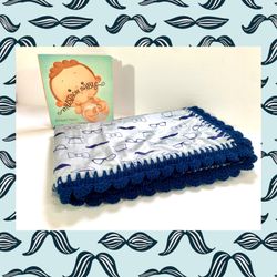 Little Mustache Baby Minky Crochet Baby Blanket  Gift Set