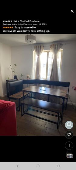 Corner nook dinning table and bench seat with matching microwave stand that has two plug power cord on it