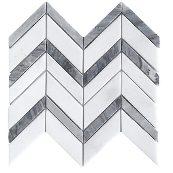 Glacier Edge White and Gray Chevron Honed Marble Floor & Wall Mosaic Tile (10pieces)