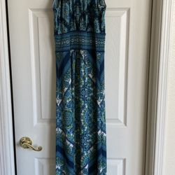 👗 Like-New Long Blue Teal Halter Dress Green London Times Size 8