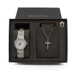 Bulova Women’s Classic Crystal Watch Set 29mm 96L321 MOP Dial Cross Necklace