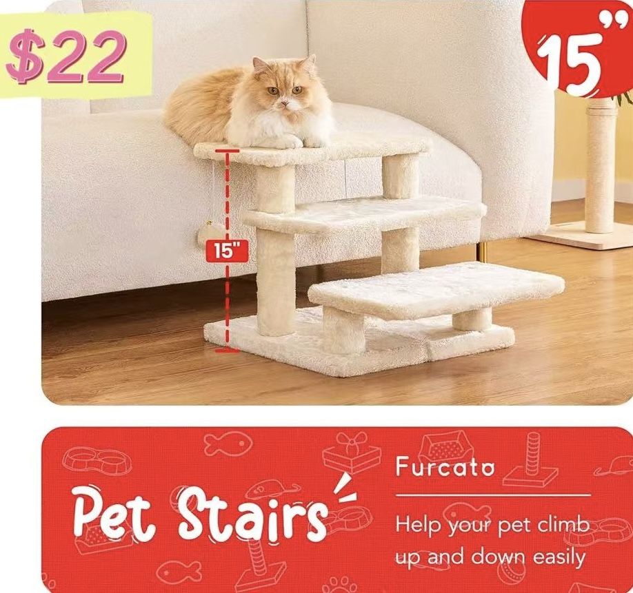 😀 15''H Multi-Step Pet Stairs for High Beds & Sofas, 3-Step Cat Stairs with 2 Toy Balls, Wide Boards for Indoor Kittens Dogs Pets Climbing, Beige