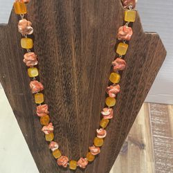 Red Aventurine Nuggets Blended with Amber Colored Squares of Lucite Cubes