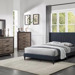 Gray Queen Bed Frame, 1 Night Stand, Dresser And Mirror 