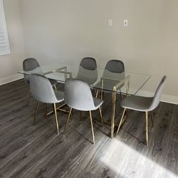 Big Glass Dining Table And 6 Gray Velvet Chairs
