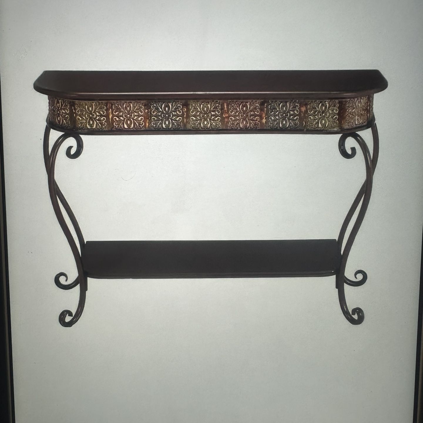 Deco 79 Metal Floral Embossed 1 Shelf Console Table with Ornate Scroll Legs, 43" x 14" x 32", Brown@V9