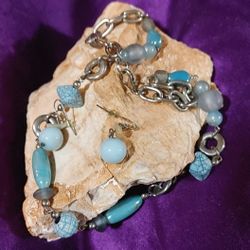 Trendy Baby Blue/Silver Beads & Earrings