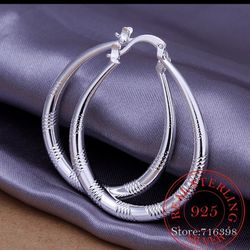 925 Sterling Silver Egg Shaped Round Hoop Earrings [EAR126]