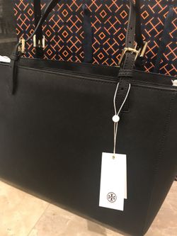 Tory Burch Black Emerson Buckle Tote Large Saffiano Leather
