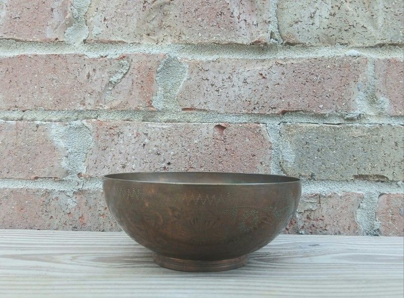 Vintage Small Brass Floral Etched Footed Bowl