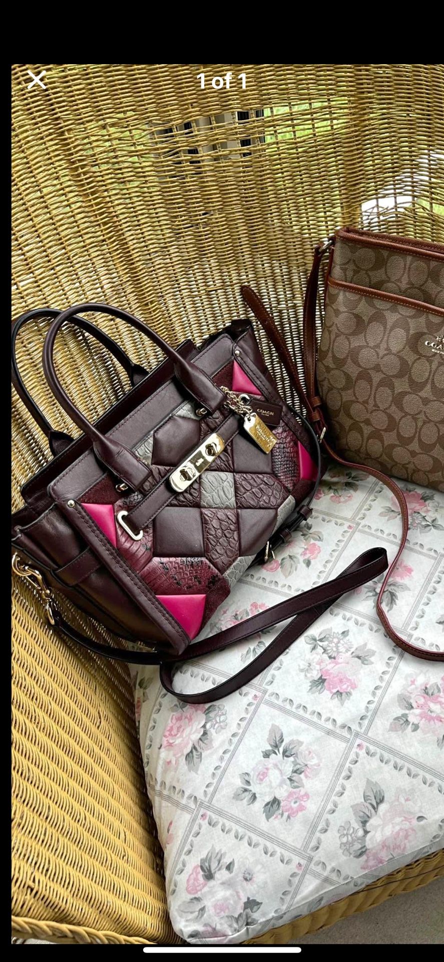 COACH Women's Pebble Coach Swagger Carryall Brown Rose Gray Patchwork Crossbody