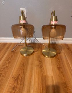 Pair of Brass Table Lamps with Amber Glass Shades