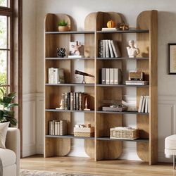 5-Tier Farmhouse Bookshelf, 70.87-Inch Tall Double Wide Bookcase with Open Shelves, Vintage Floor Standing Book Shelf (1, Brown+Black)