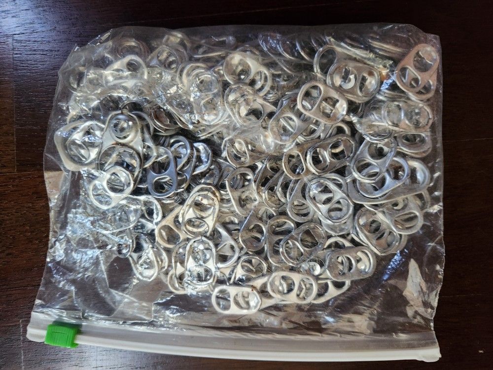 Small bag of aluminum can pull tabs for crafts.
239 Total. ***** Cash 💸 only, please. Front Door pick-up only, please. Johns Creek...30097